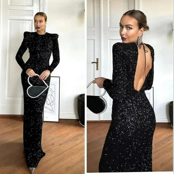 Zara SEQUIN MAXI DRESS GOWN BLACK SIZE XS - Picture 14 of 16